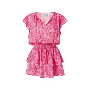 Melissa Odabash Pink Red Floral Print Smocked Waist Tiered Mini Dress L